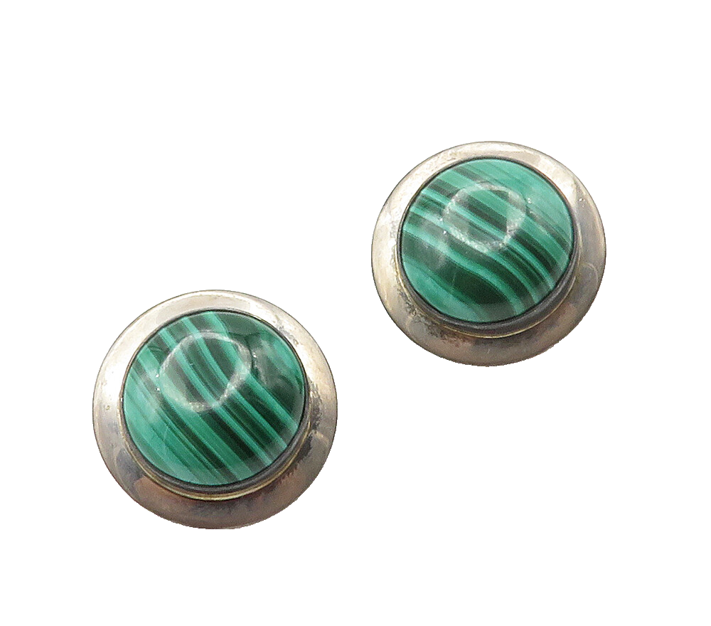 925 Sterling Silver  Vintage Cabochon Malachite Button Drop Earrings  EG7769