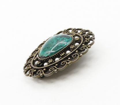 ISRAEL 925 Silver  Vintage Eilat Stone & Petite Pearls Brooch Pin  BP6300