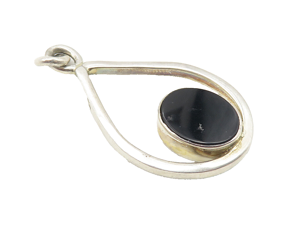 925 Sterling Silver  Vintage Inlaid Black Onyx Open Tear Drop Pendant  PT8296