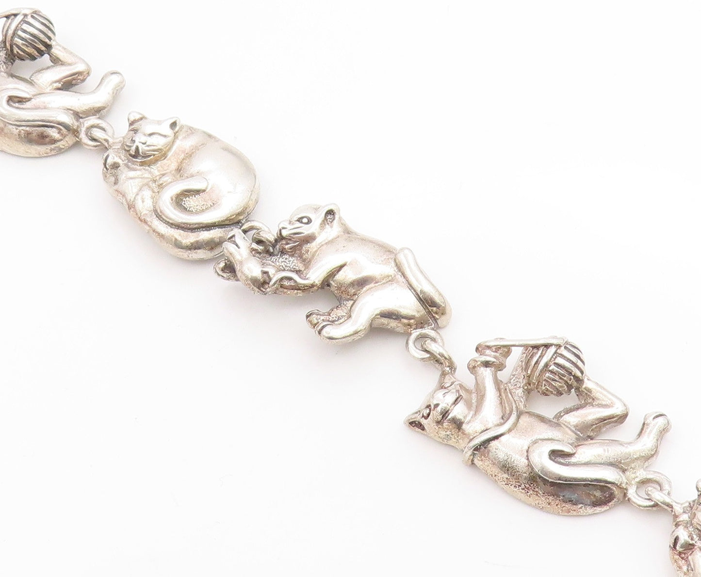 925 Sterling Silver Vintage Bracelet MEXICO Figural Playing Cats Link  BT12046