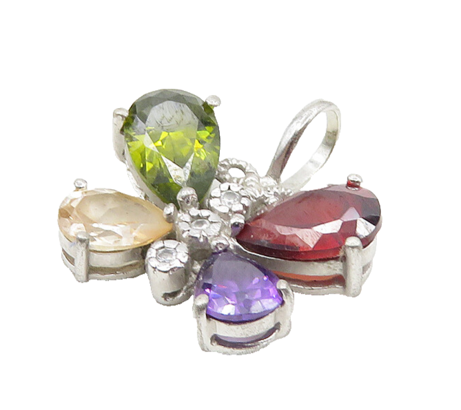 925 Silver  Vintage Topaz Garnet Amethyst & Peridot Butterfly Pendant  PT15044