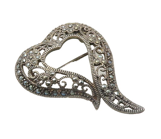 925 Sterling Silver  Vintage Marcasite Floral Open Heart Brooch Pin  BP6481