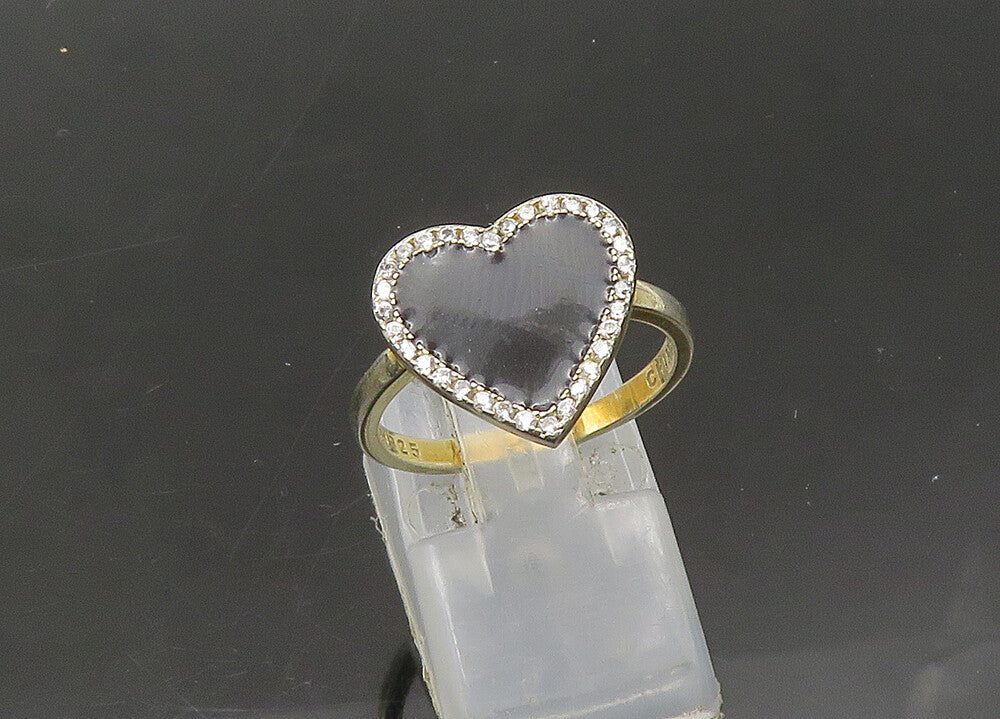 925 Sterling Silver  Vintage Topaz & Enamel Love Heart Band Ring Sz 7  RG22053