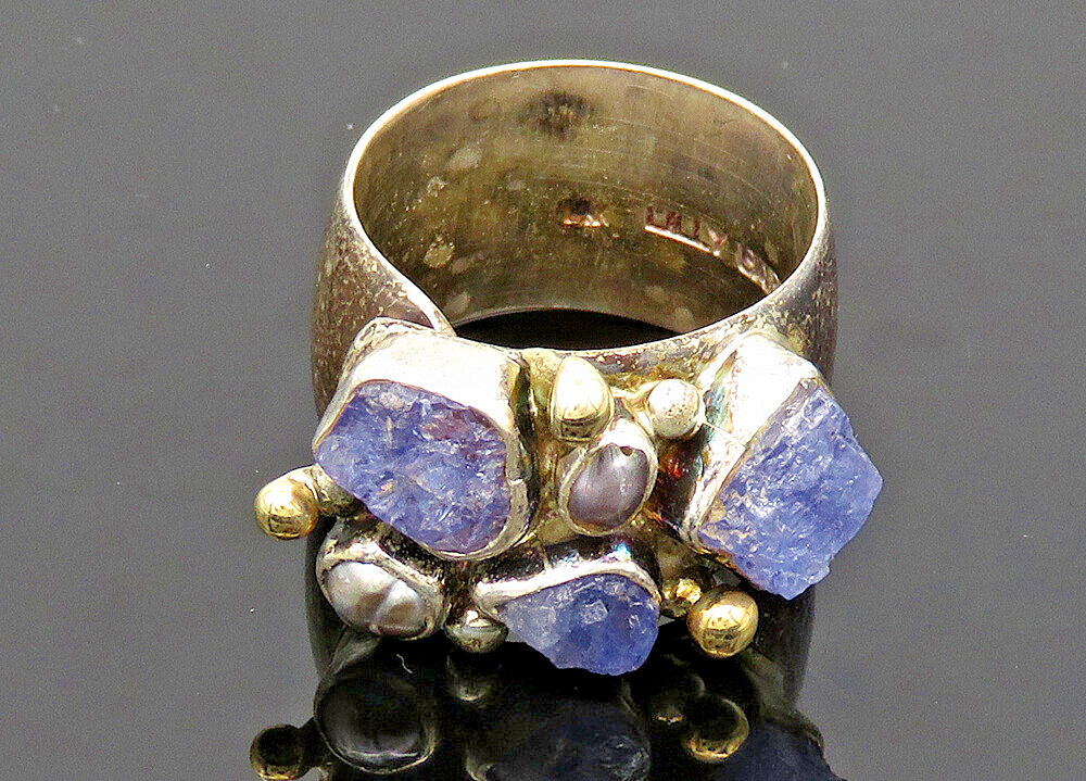 LILLY BARRACK 925 Silver & 14K GOLD  Vintage Tanzanite Band Ring Sz 8  RG20013