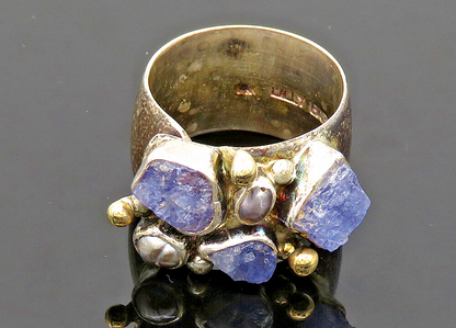 LILLY BARRACK 925 Silver & 14K GOLD  Vintage Tanzanite Band Ring Sz 8  RG20013