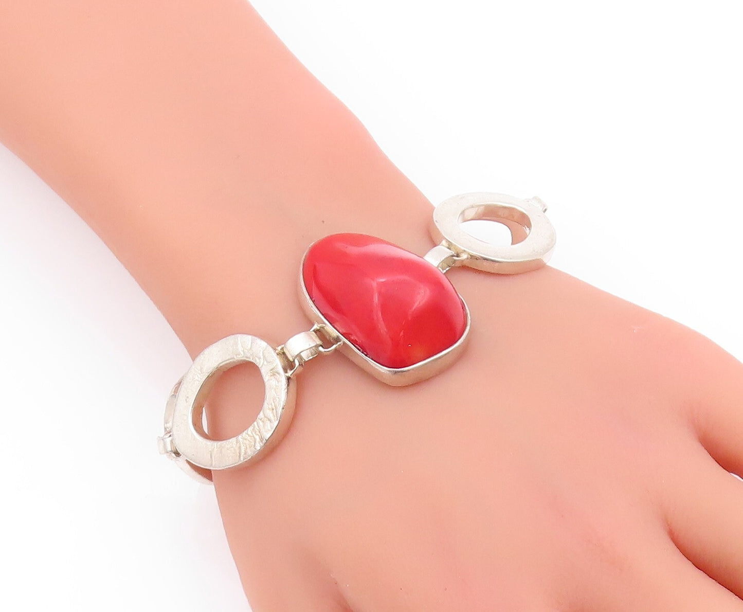 925 Sterling Silver Vintage Bracelet Designer Cutout Large Red Gemstone  BT11161