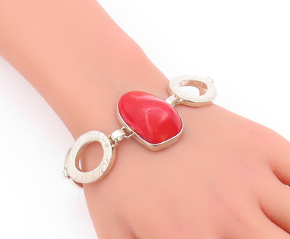 925 Sterling Silver Vintage Bracelet Designer Cutout Large Red Gemstone  BT11161