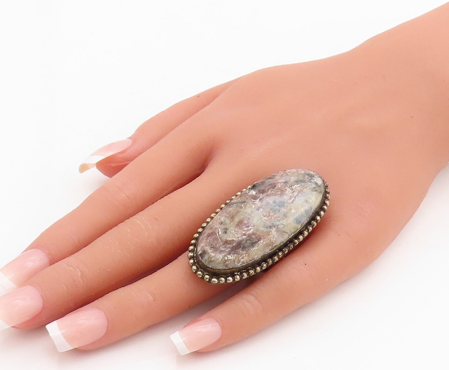 925 Sterling Silver Vintage Ring Modernist Large Oval Gemstone  Sz 10  RG31739