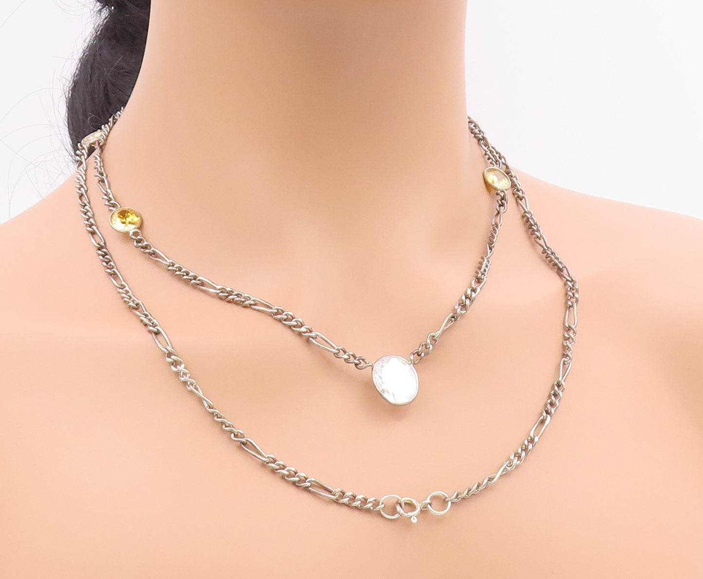 925 Silver  Vintage Inlaid White & Yellow Cubic Zirconia Chain Necklace NE4002