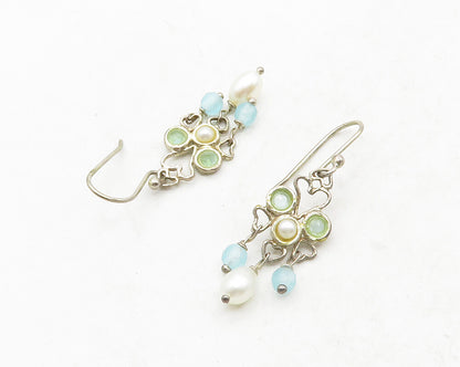 925 Sterling Silver  Vintage Pearl & Topaz Love Hearts Drop Earrings  EG6635