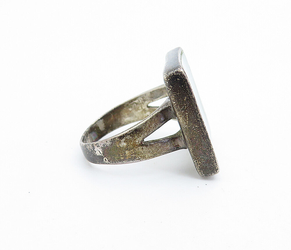 925 Silver  Vintage Antique Mother Of Pearl Square Cocktail Ring Sz 6.5 RG7033