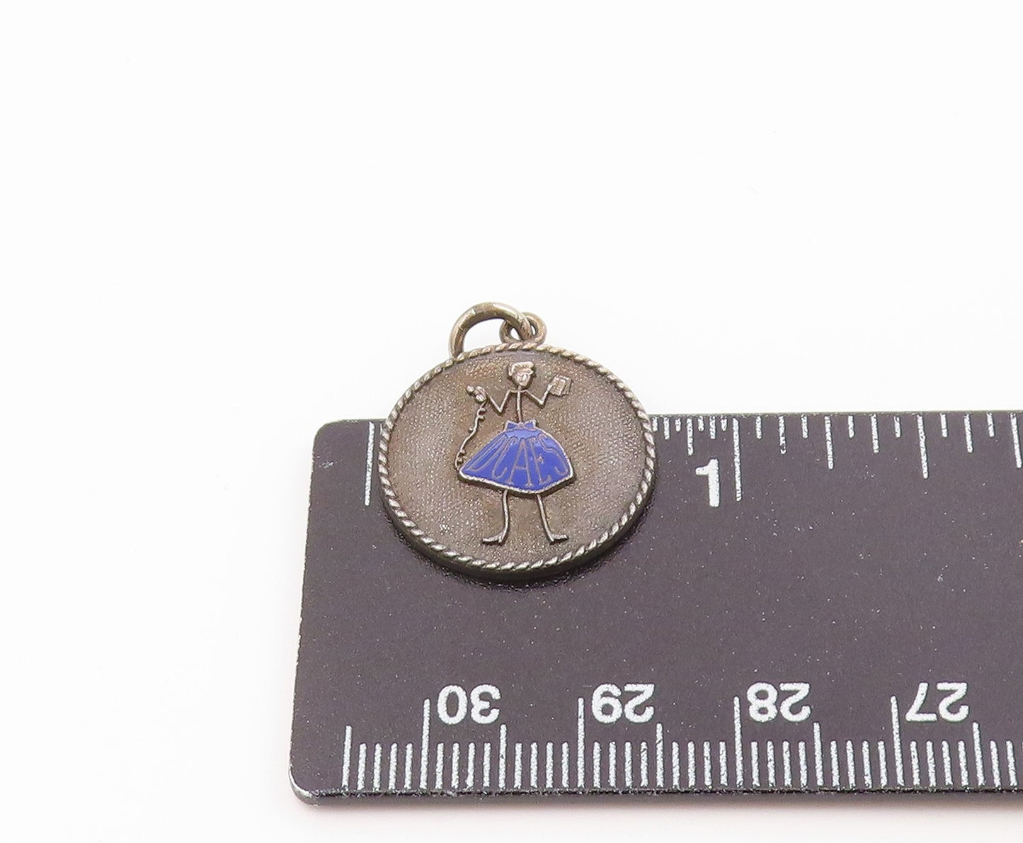 925 Sterling Silver  Vintage Enamel Woman In Blue Dress Pendant  PT19445