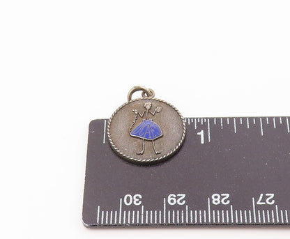 925 Sterling Silver  Vintage Enamel Woman In Blue Dress Pendant  PT19445