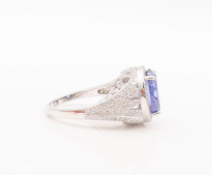 925 Sterling Silver Vintage Ring Carved Round Cut Blue & White CZ  Sz 7  RG29595