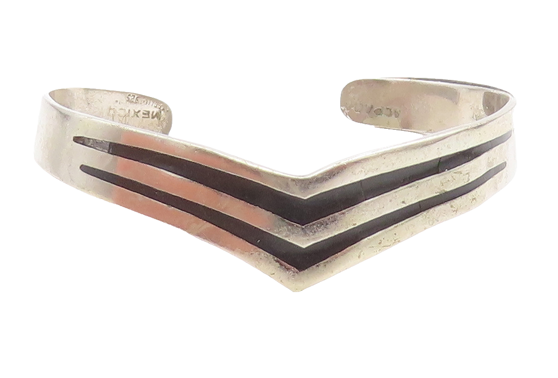 MEXICO 925 Silver  Vintage Black Onyx Striped Pointed Cuff Bracelet  BT2522