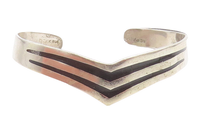 MEXICO 925 Silver  Vintage Black Onyx Striped Pointed Cuff Bracelet  BT2522