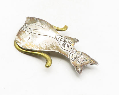 MEXICO 925 Sterling Silver  Vintage Two Tone Sitting Cats Brooch Pin  BP3657
