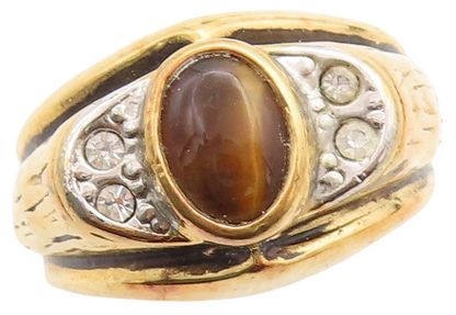925 Sterling Silver Vintage Ring UNCAS Gold Plated Tigers Eye & CZ Sz 10 RG31164