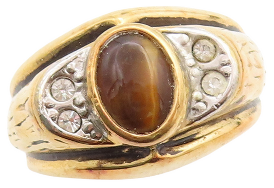 925 Sterling Silver Vintage Ring UNCAS Gold Plated Tigers Eye & CZ Sz 10 RG31164