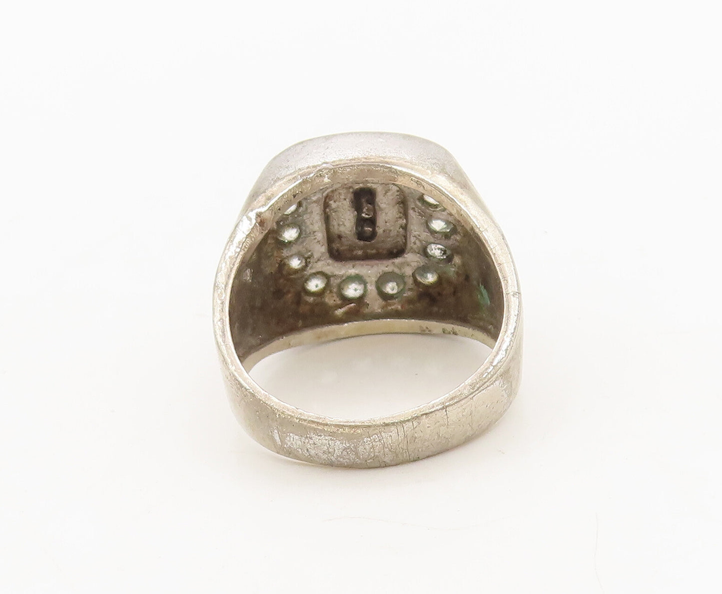 925 Silver  Vintage Carved Religious Cross Inlay CZ Solid Ring Sz 8  RG27079