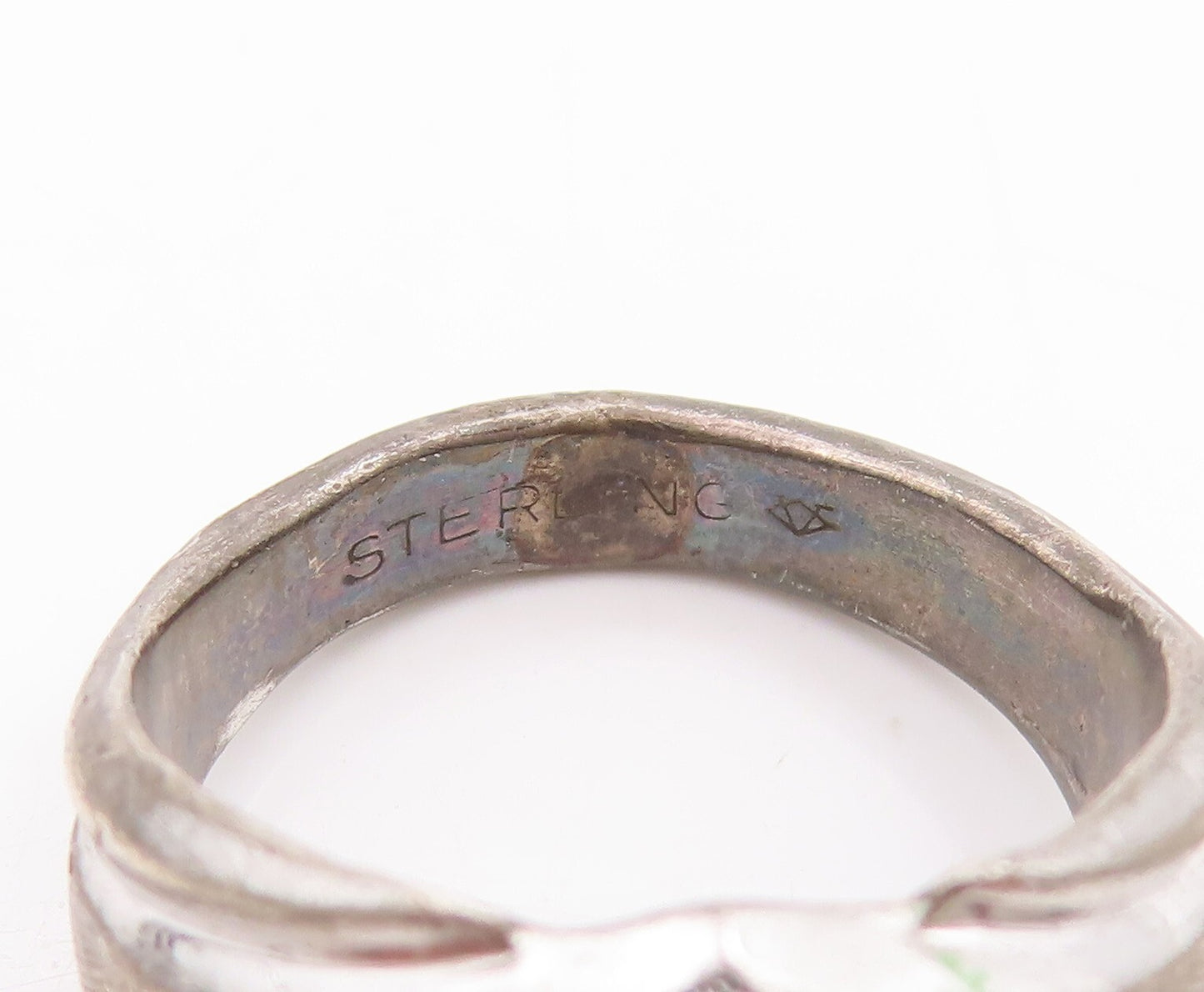 925 Sterling Silver Vintage Ring Minimalist Oval Inlay Blue Cat Eye Sz 8 RG28978
