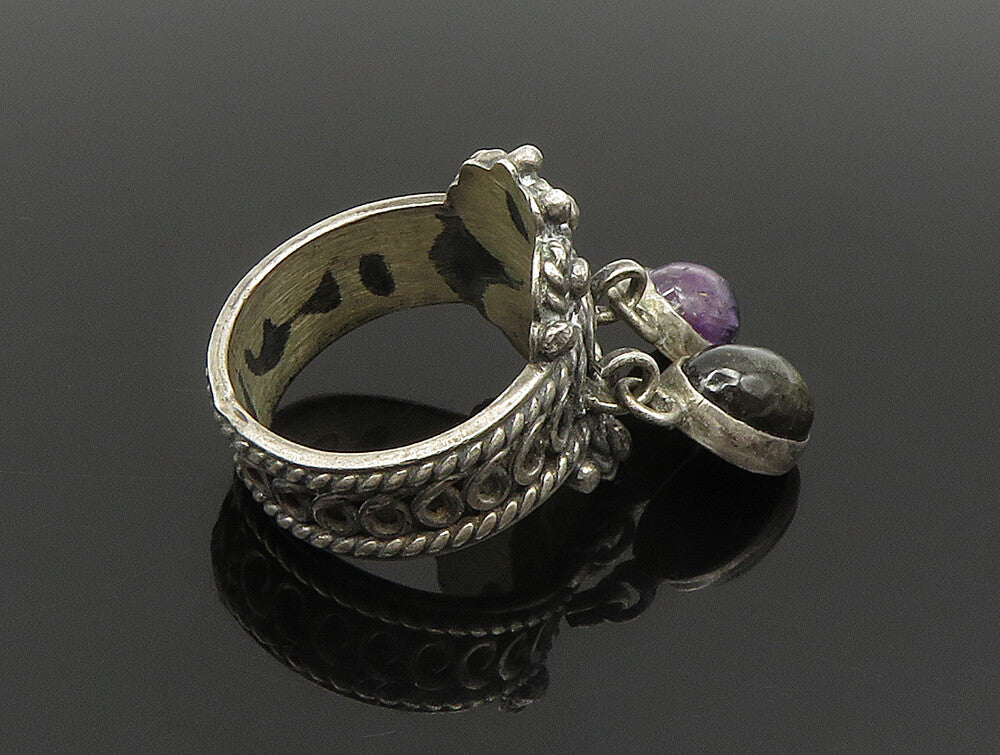 925 Silver  Vintage Rope Twist Onyx & Amethyst Dangle Ring Sz 5  RG24427