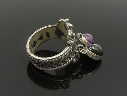 925 Silver  Vintage Rope Twist Onyx & Amethyst Dangle Ring Sz 5  RG24427