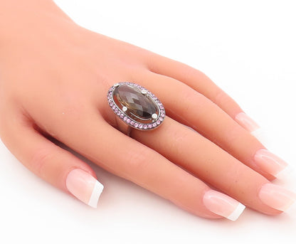 925 Sterling Silver Vintage Ring Pink CZ & Oval Cut Smoky Quartz Sz 7  RG29841