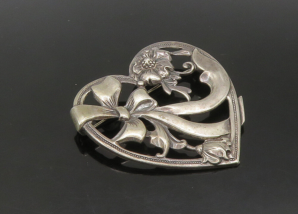 925 Sterling Silver  Vintage Bow Tied Ribbon Floral Heart Brooch Pin  BP8951