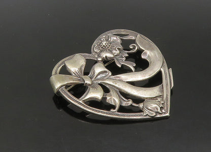 925 Sterling Silver  Vintage Bow Tied Ribbon Floral Heart Brooch Pin  BP8951