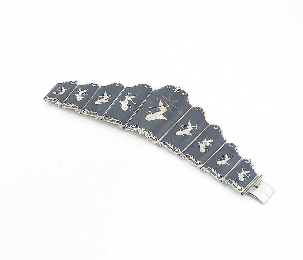 SIAM 925 Sterling Silver  Vintage Niello Dancer Panel Chain Bracelet  BT1963