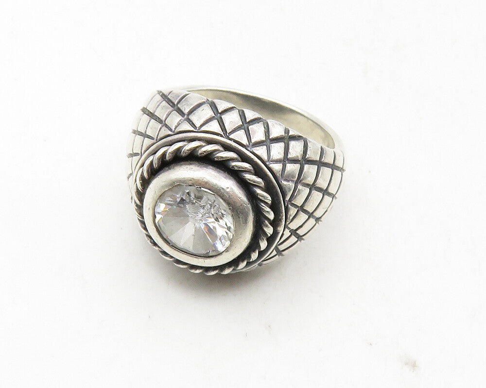 925 Sterling Silver  Vintage Cubic Zirconia Etched Cocktail Ring Sz 8  RG9633