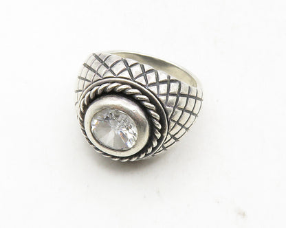 925 Sterling Silver  Vintage Cubic Zirconia Etched Cocktail Ring Sz 8  RG9633