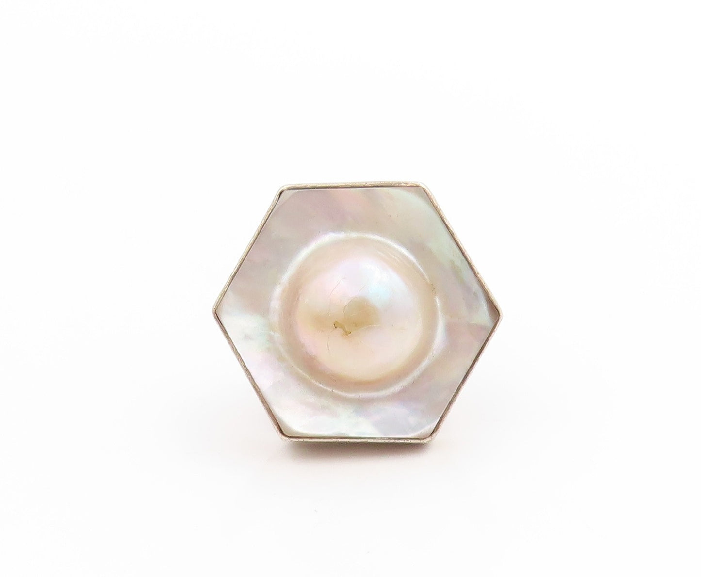 925 Sterling Silver Vintage Ring Mother Of Pearl Hexagonal Band  Sz 8  RG34083