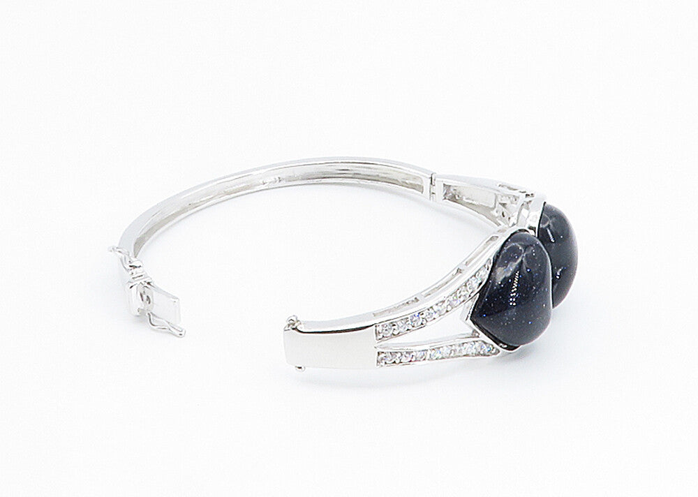925 Sterling Silver  Blue Goldstone & Cubic Zirconia Bangle Bracelet  BT3466