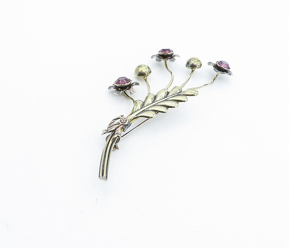 VAN DELL 925 Sterling Silver  Vintage Amethyst Flower Bunch Brooch Pin  BP2661