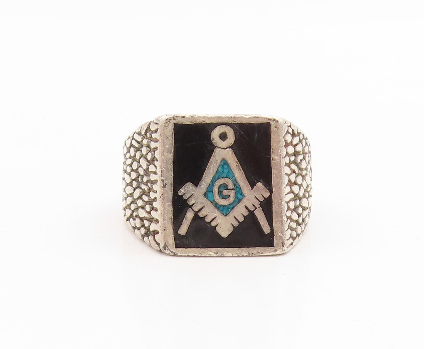 925 Sterling Silver Vintage Ring Crushed Turquoise Freemason Band Sz 12 RG34893