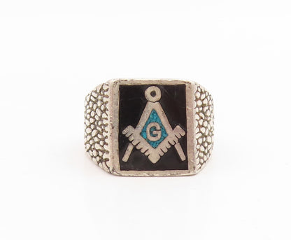 925 Sterling Silver Vintage Ring Crushed Turquoise Freemason Band Sz 12 RG34893