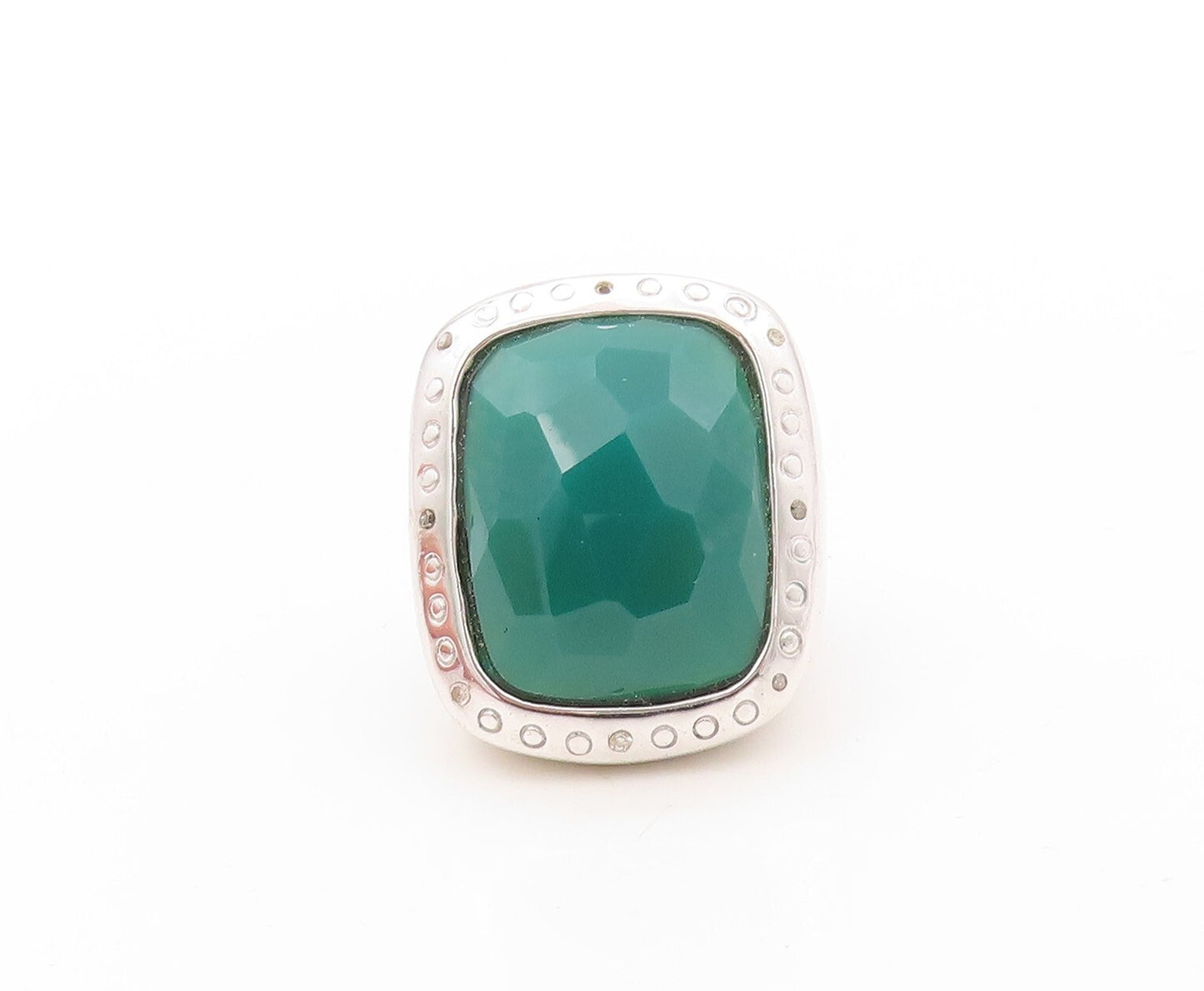 925 Sterling Silver Vintage Ring Rectangle Green Onyx & CZ Frame Sz 7.5  RG30918
