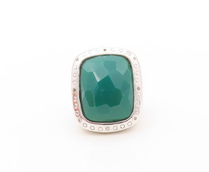 925 Sterling Silver Vintage Ring Rectangle Green Onyx & CZ Frame Sz 7.5  RG30918