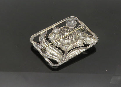 925 Sterling Silver  Vintage Dark Tone Flower Motif Square Brooch Pin  BP8292