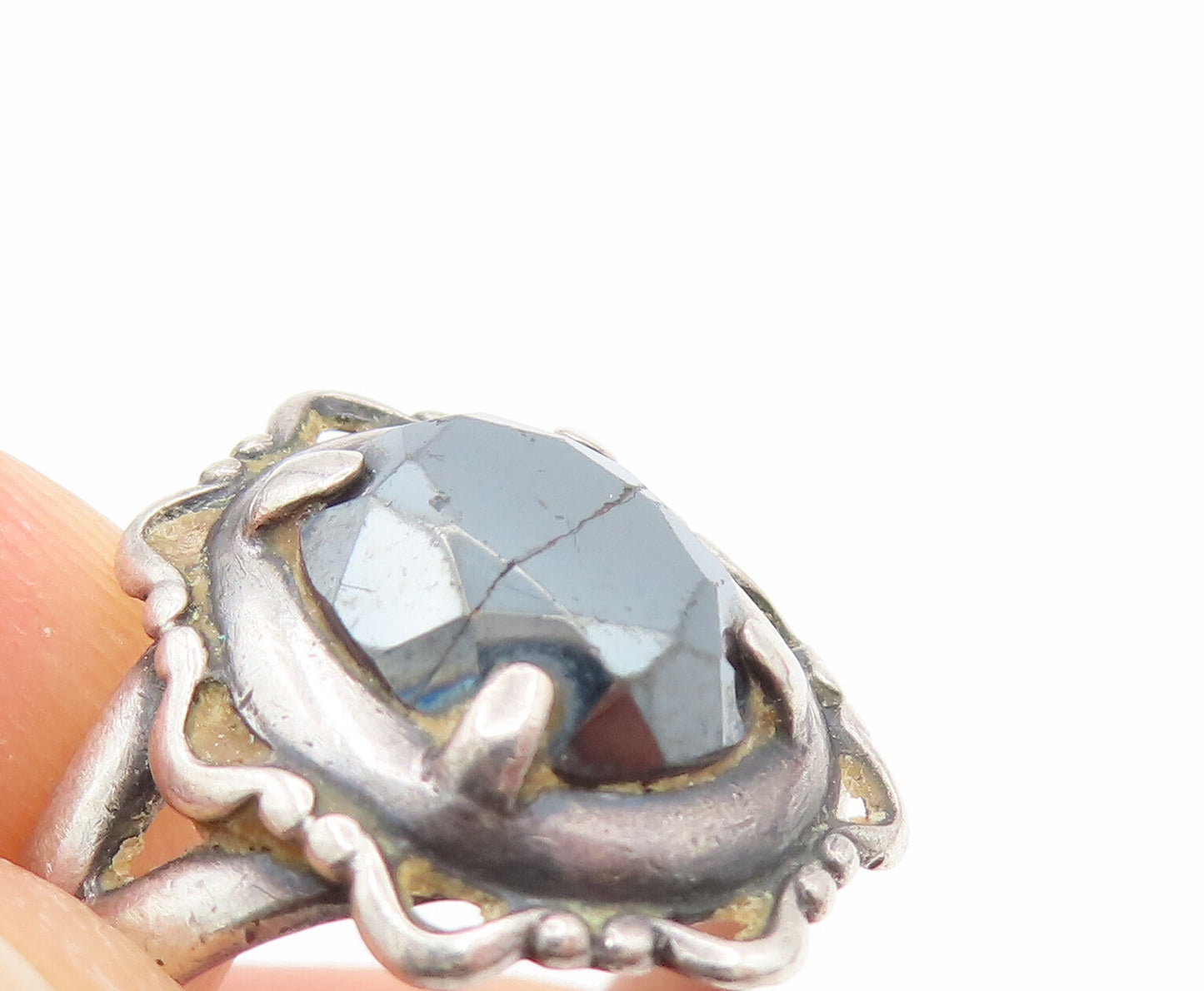 POST BELL 925 Silver  Vintage Star Edge Faceted Hematite Ring Sz 6  RG26258