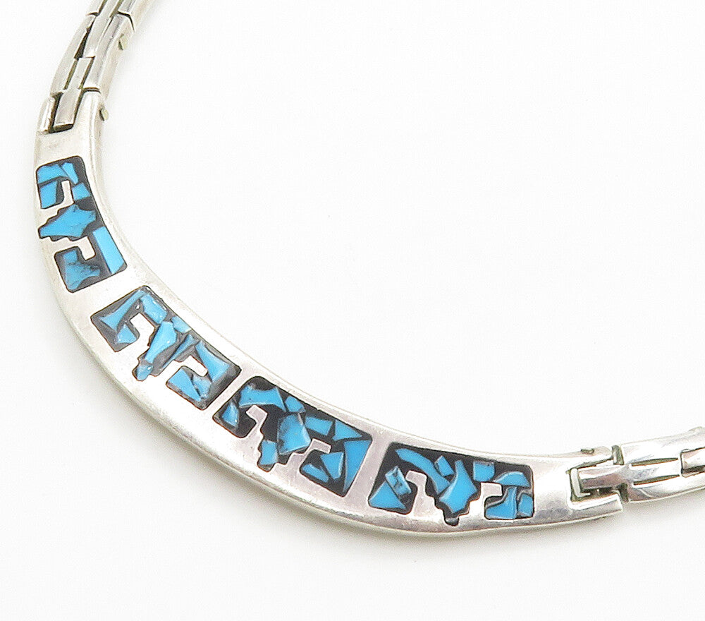 MEXICO 925 Silver  Vintage Inlaid Turquoise Mosaic Hinge Chain Necklace NE2447