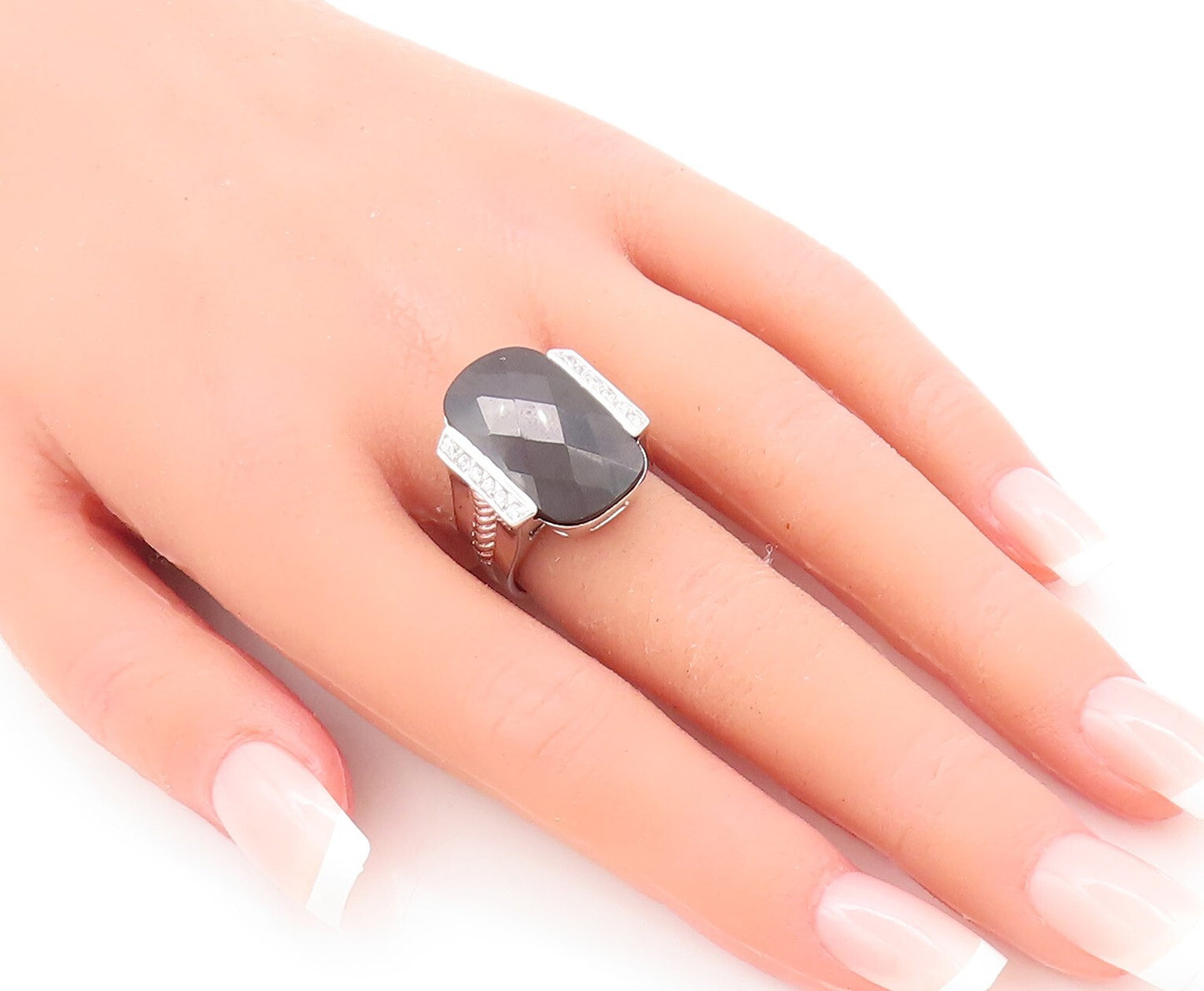 925 Sterling Silver Vintage Ring Rectangle Shape Onyx CZ Side Band  Sz 7 RG29444