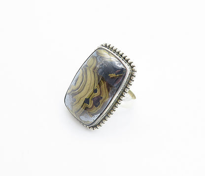 925 Sterling Silver  Cabochon Cut Brown Agate Square Cocktail Ring Sz 8 RG8141