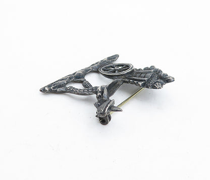 925 Sterling Silver  Vintage Oxidized Man & Wheel Barrow Brooch Pin  BP1487
