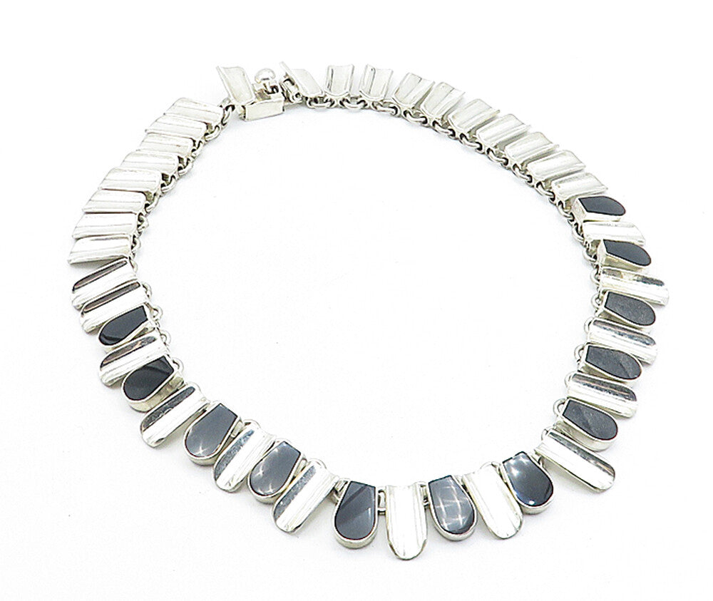 MEXICO 925 Sterling Silver  Vintage Inlaid Black Stone Chain Necklace  NE1098