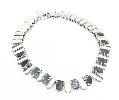MEXICO 925 Sterling Silver  Vintage Inlaid Black Stone Chain Necklace  NE1098