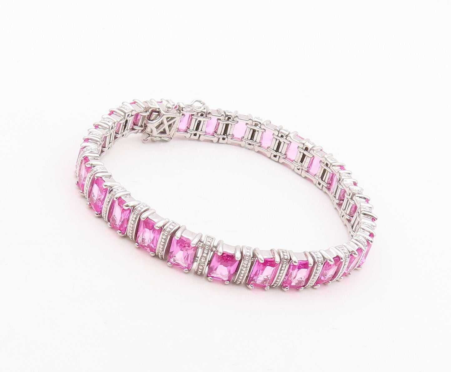 925 Sterling Silver Vintage Bracelet Rectangle Pink & White CZ Inlay  BT10866