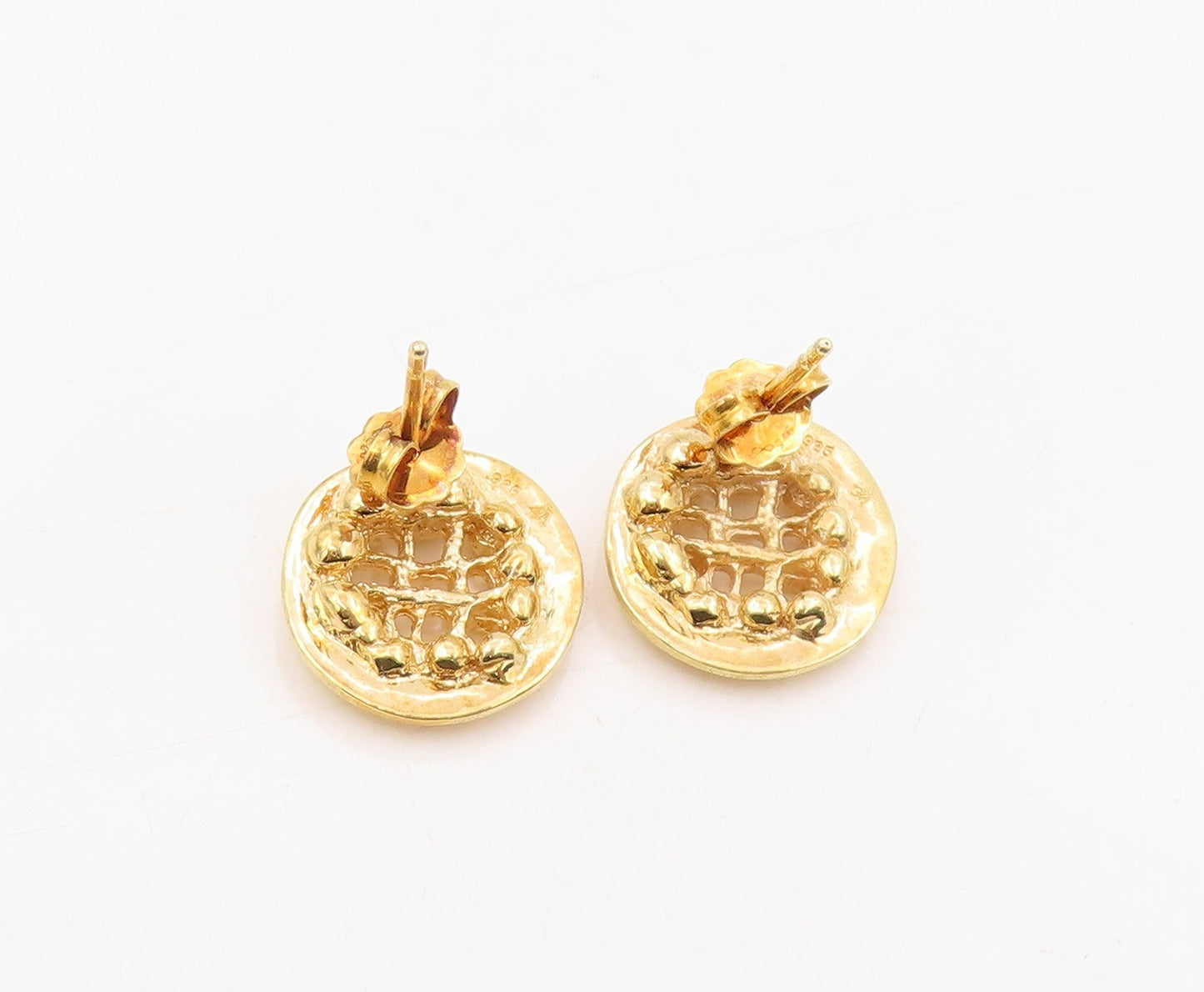 925 Sterling Silver Vintage Earrings Gold Plated Round Open Weave Button EG13883